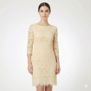Eliza J Dress Women's 6 Buttercream Yellow Lace Sheath Knee Length